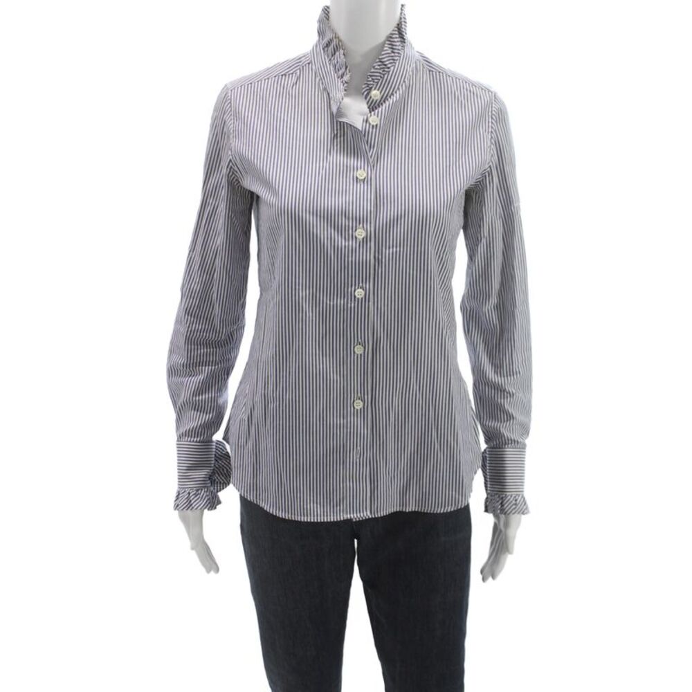 Barneys New York Women Striped Cotton Button-Up White Long-Sleeve Size 38